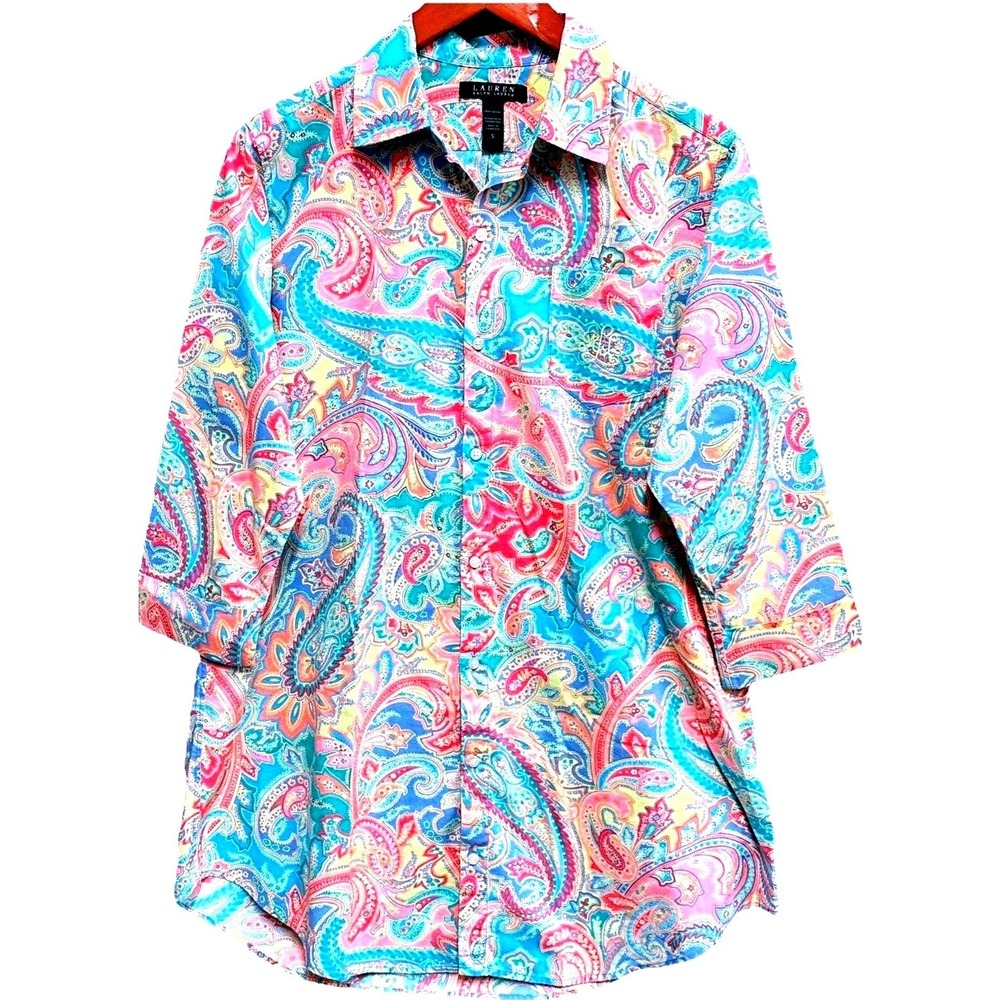 Lauren Ralph Lauren Women's Paisley Pastel Tunic Shirt Size S Multi Color AOP‎